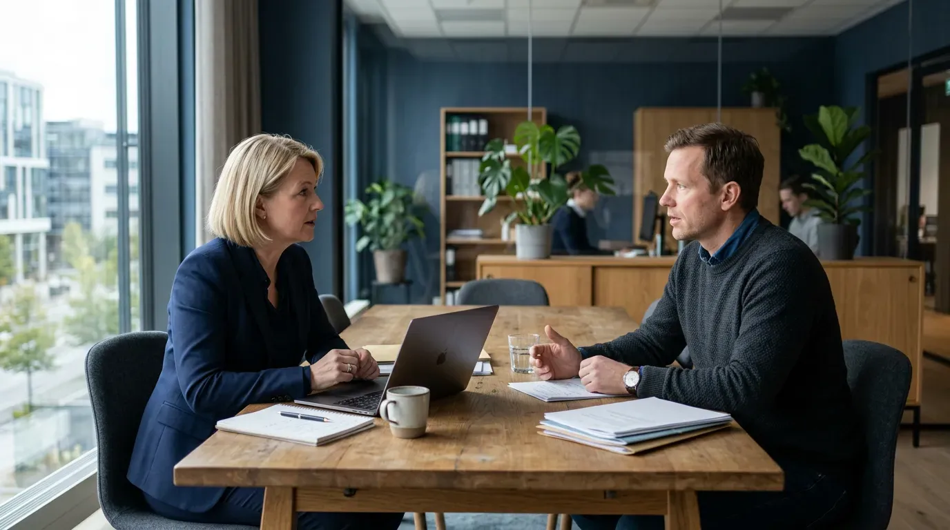 Møtebord med tillitsvalgt og arbeidsgiver i samtale