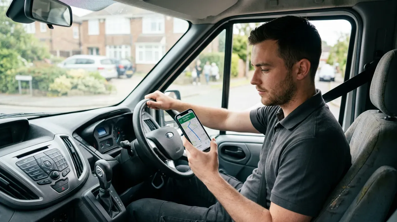 Sjåfør med telefon i førersetet på en varebil