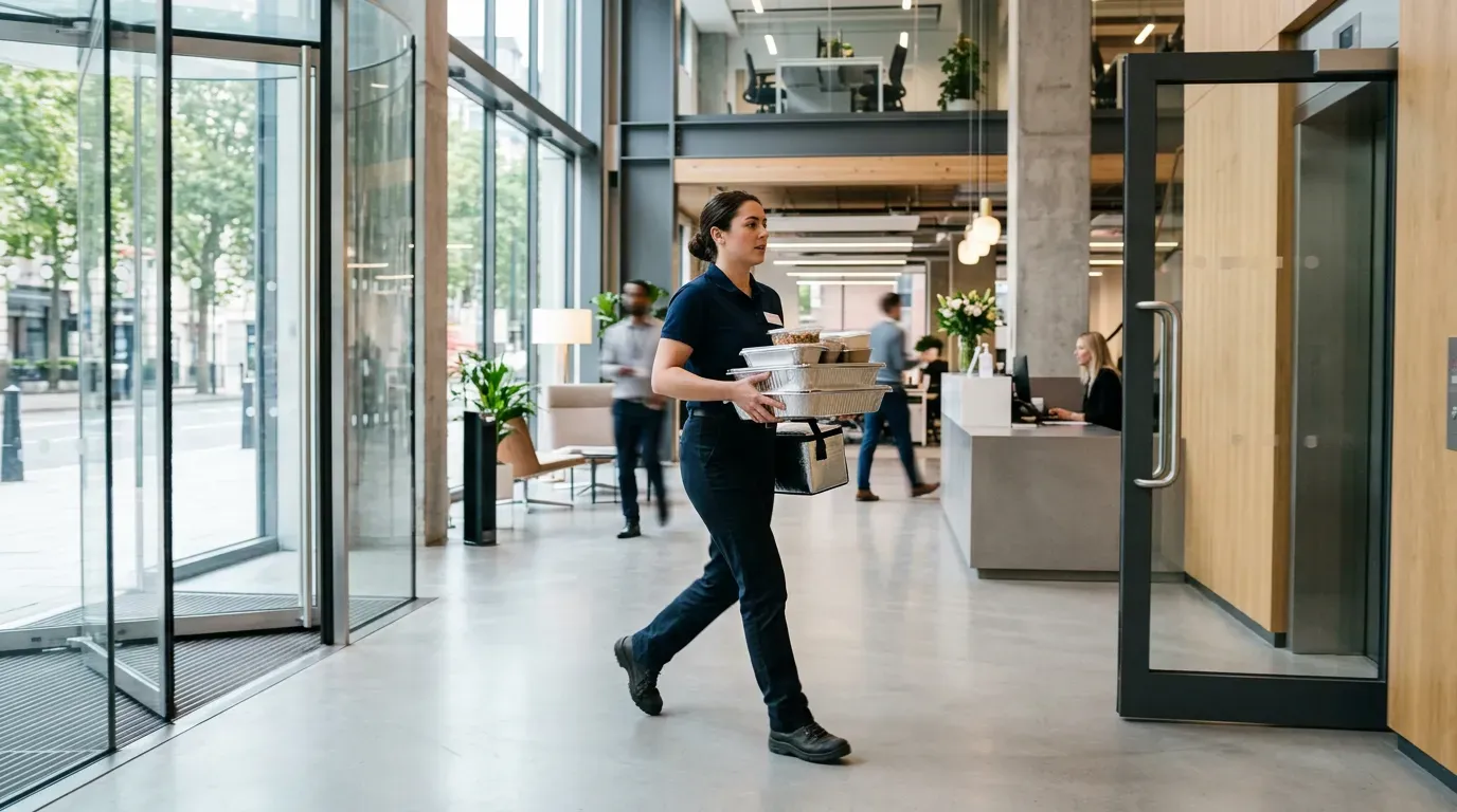 Cateringleveranse båret inn i et kontorbygg