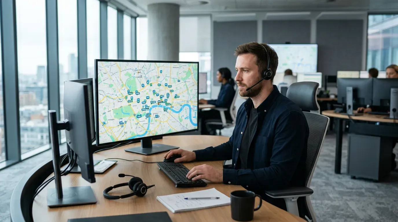 Dispatcher ved skjerm med sanntids flåtekart