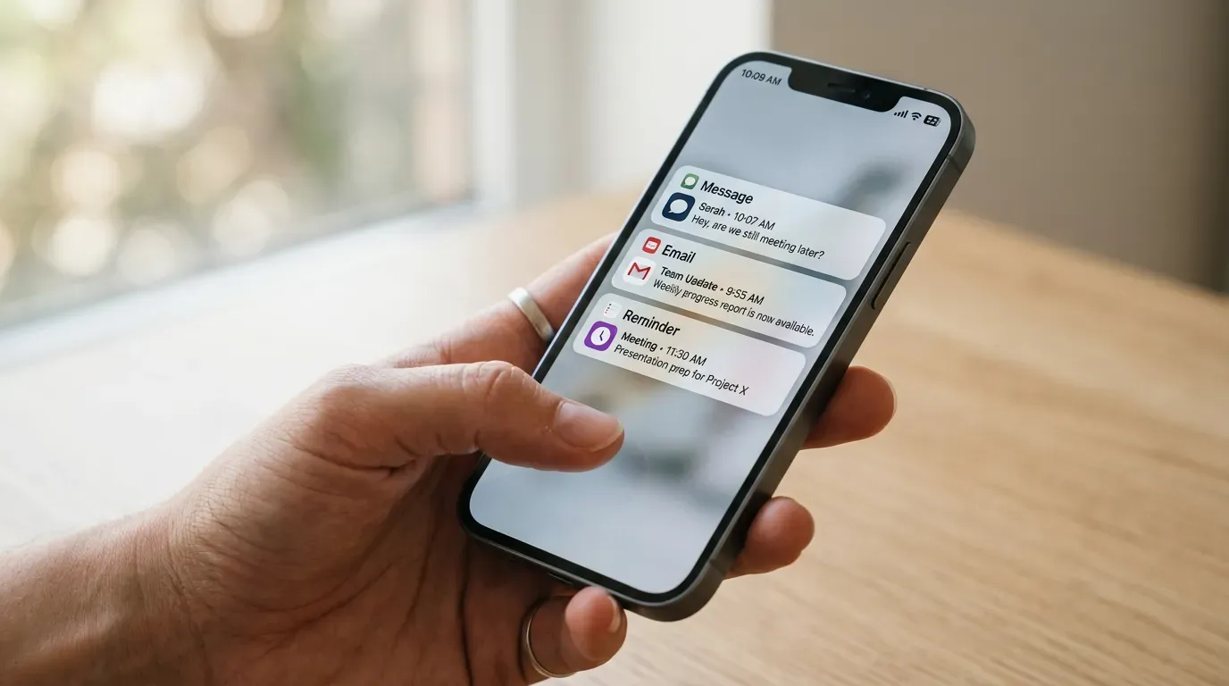 Hånd som holder telefon med varslingsskjerm