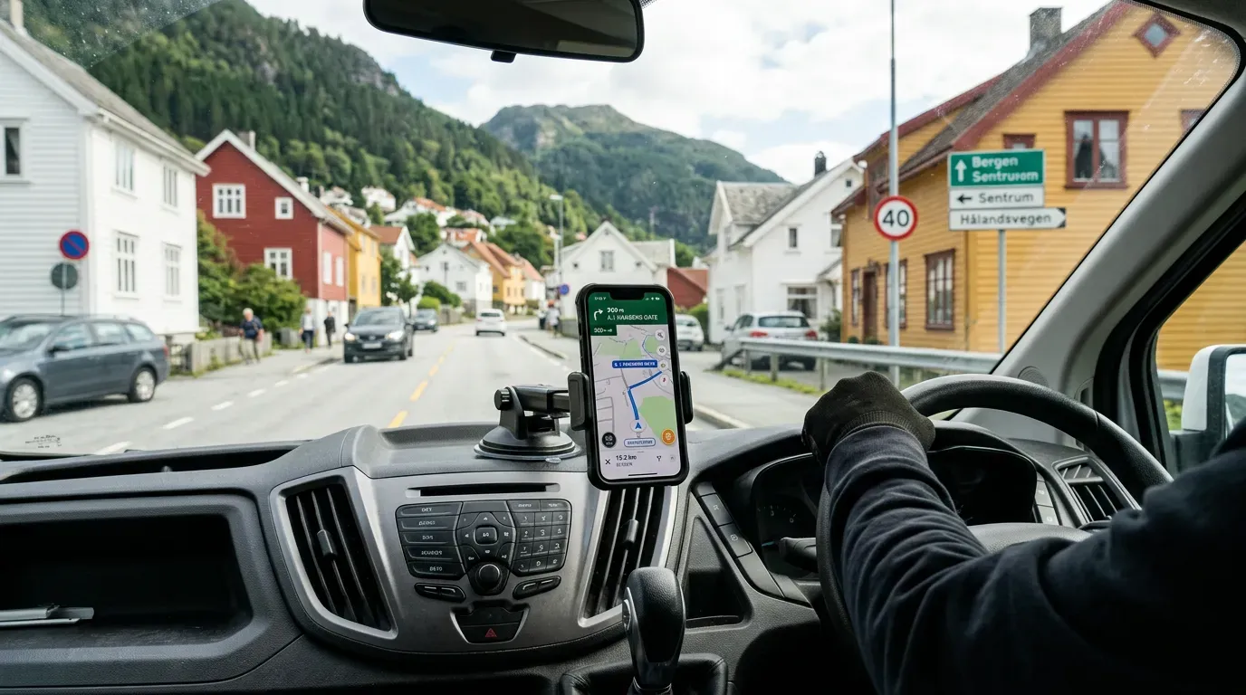 Sjåfør som bruker GPS-navigasjon i leveringsbil