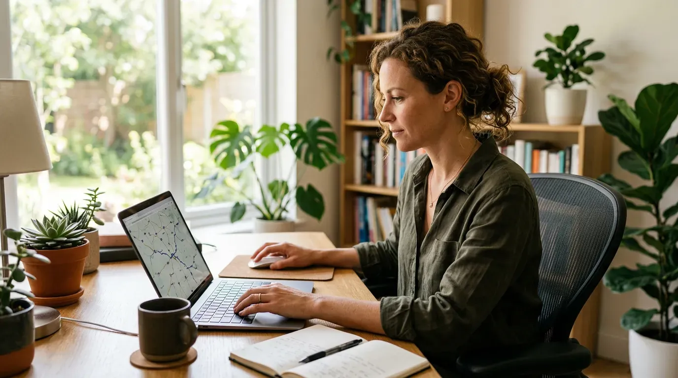 Person som ser på et rutekart på laptop hjemmefra
