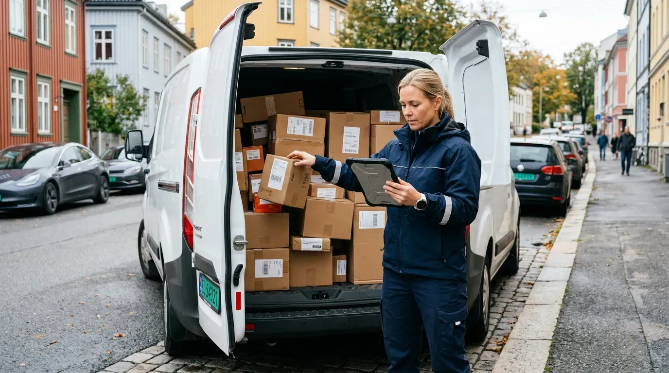 Sjåfør som sjekker nettbrett ved en full varebil