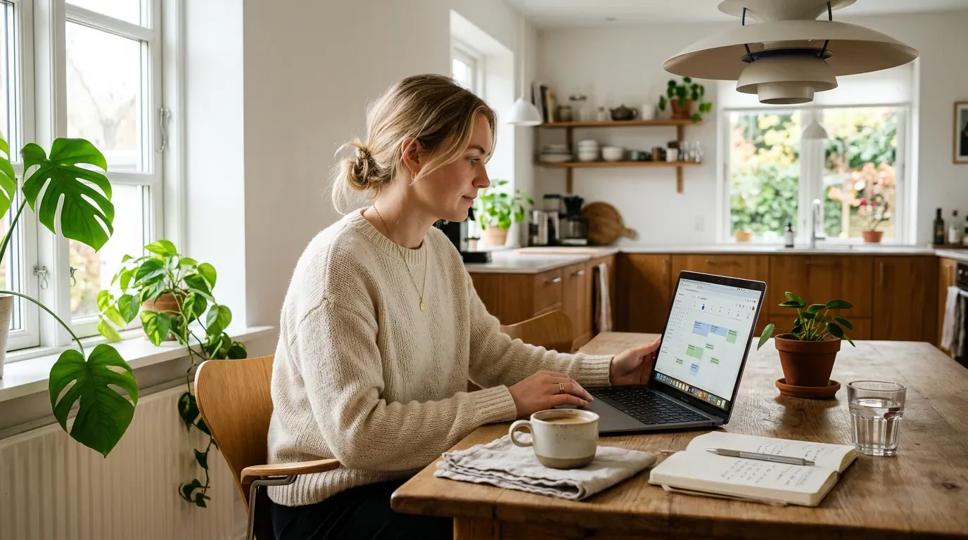 Person som sjekker kalender på laptop ved kjøkkenbord