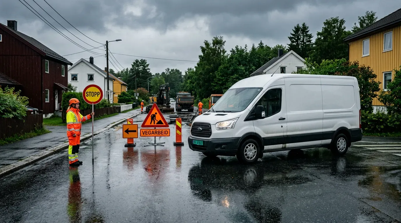 Leveringsbil stanset ved en veisperring