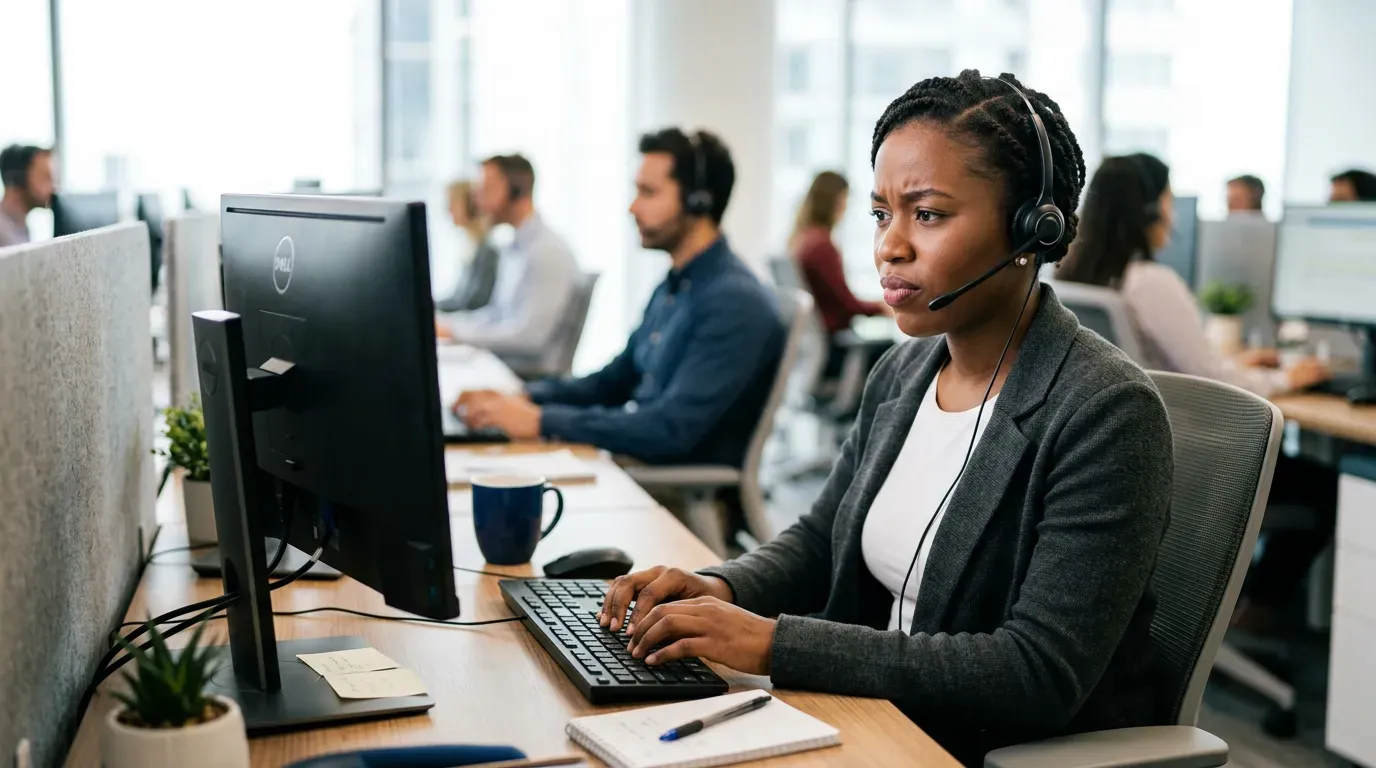 Kundeservicemedarbeider med headset ved skrivebord