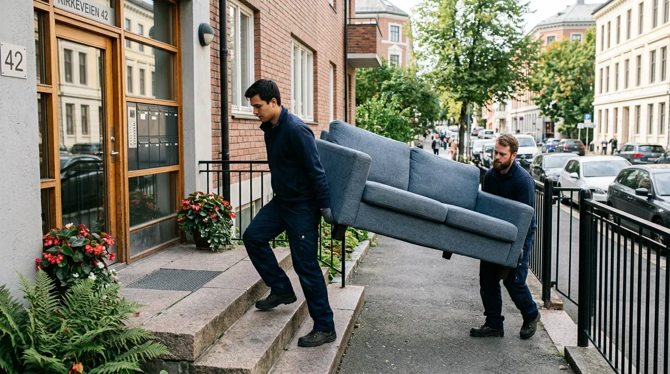 To personer som bærer en sofa inn i en bygning