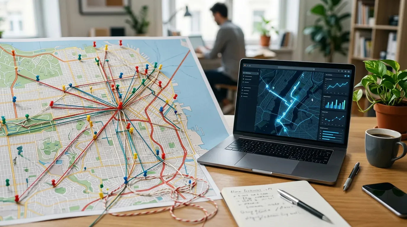 Papirkart og digital rute på skrivebord