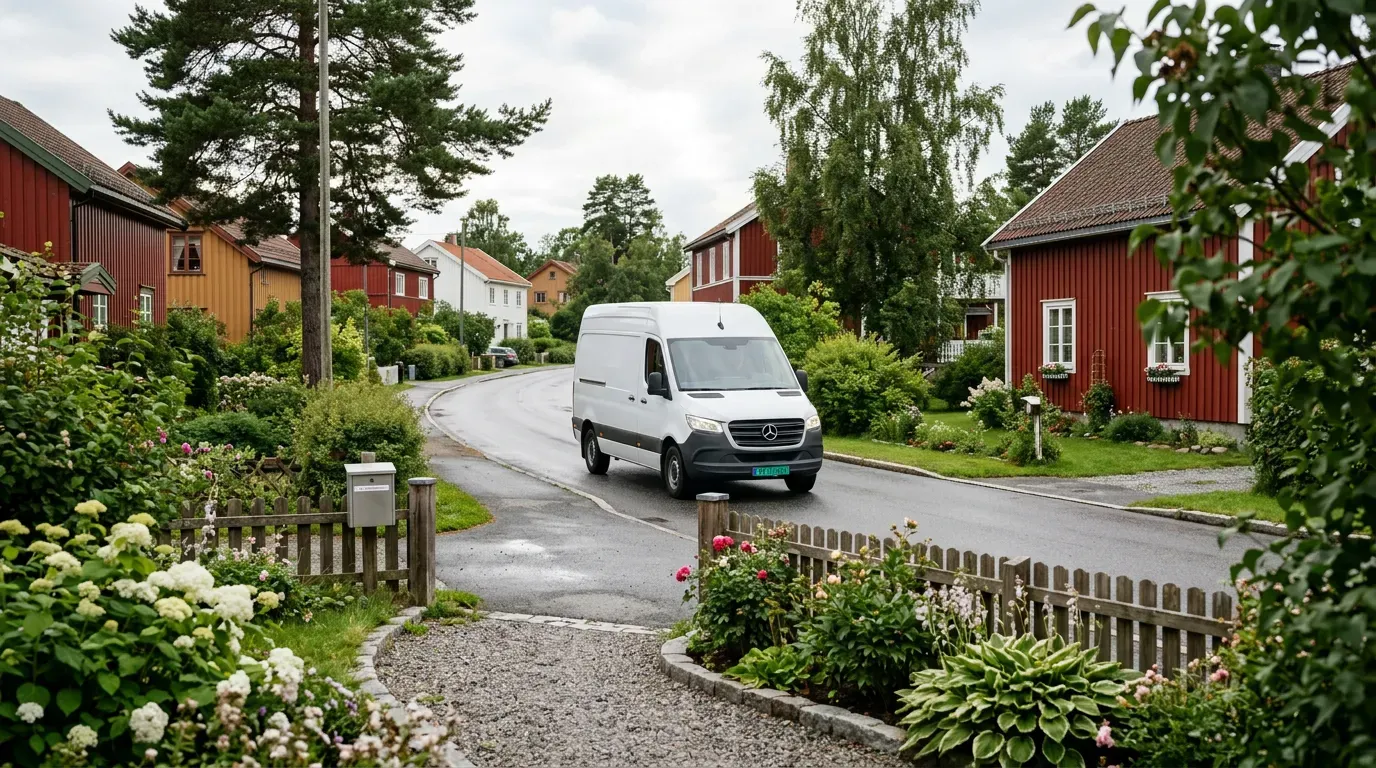 Leveringsbil som kjører i et boligstrøk