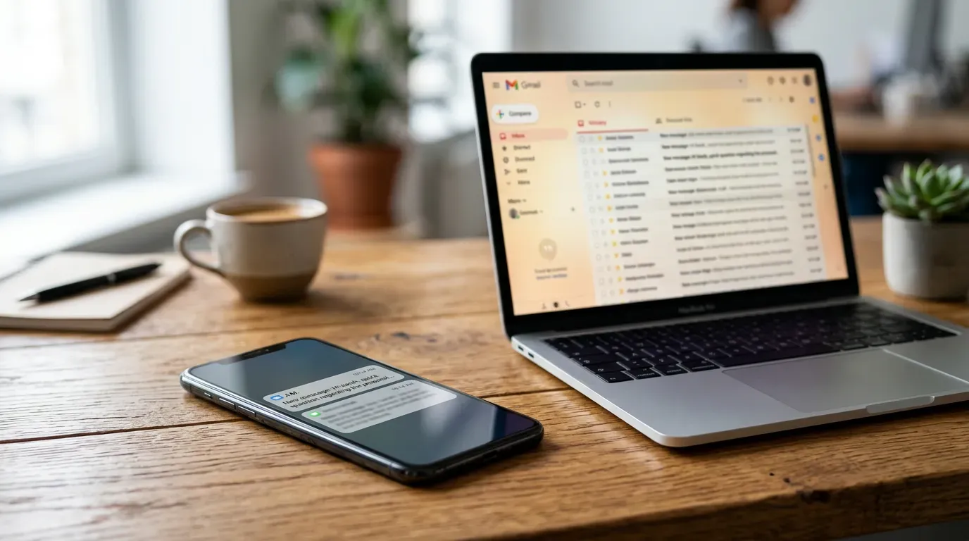 Telefon med varsling ved siden av en laptop med e-post