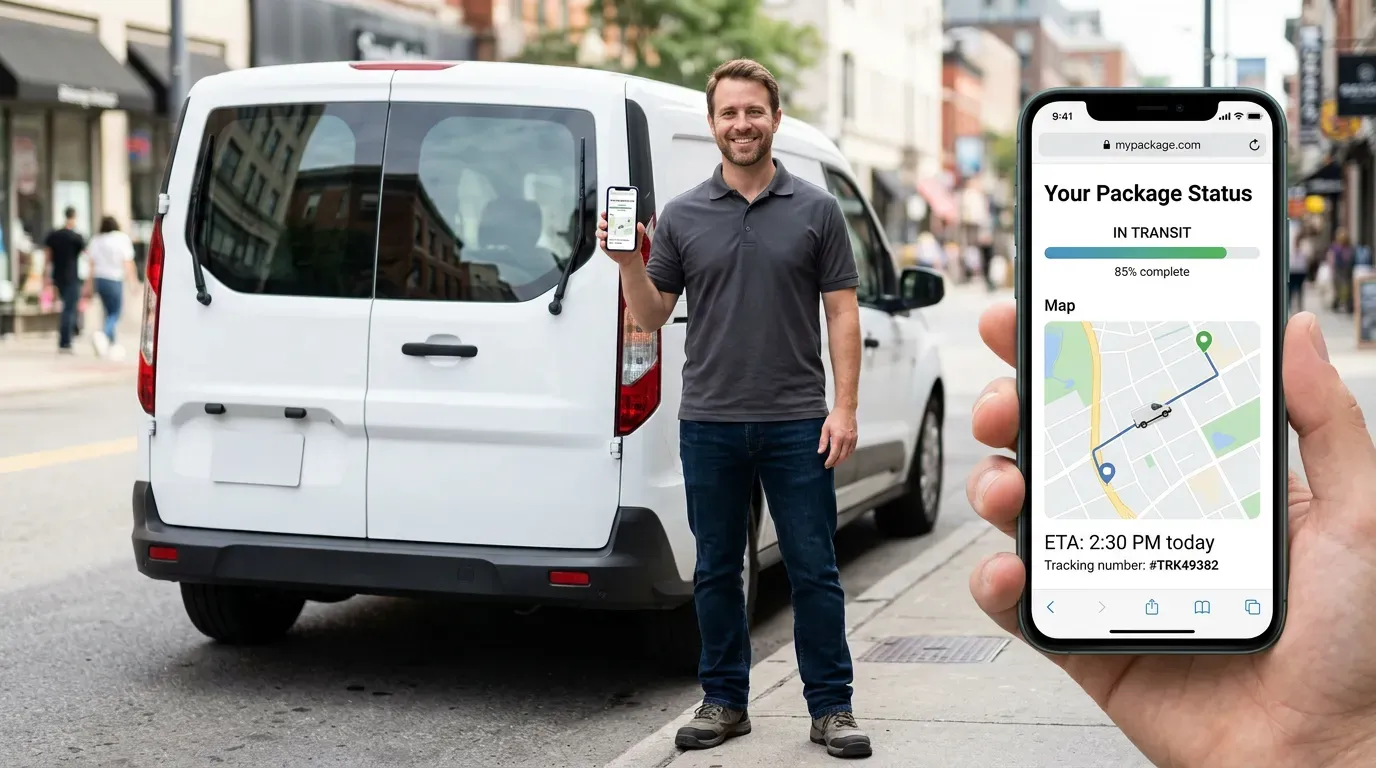 Bedriftseier med sporingsside på telefon foran egen varebil